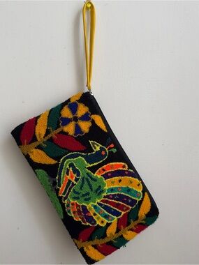 Black Multicolor Embroidered Wristlet Clutch